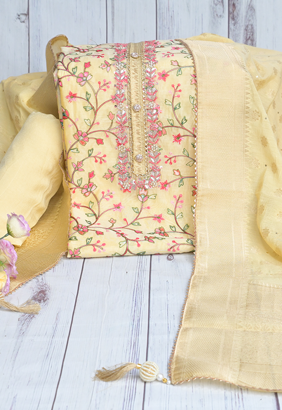 Sugnamal Amaanat Lemon Yellow Chanderi Silk Zardozi and Thread Work Suit Set (Unstitched)