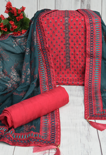 Sugnamal Amaanat Crimson Red and Teal Blue Pure Silk with Resham and Sequence Work Suit Set (Unstitched)