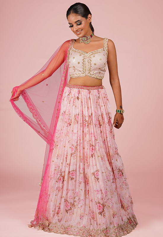 Shop the Exquisite Sugnamal Aminabad Mohana Floral Pink Organza Lehenga Set