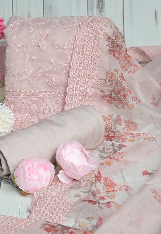 Sugnamal Amaanat Mauve Pink Silk Aari and Zardozi Embroidered Suit Set (Unstitched)