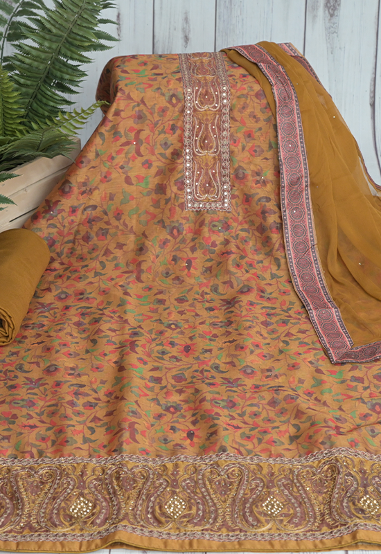 Sugnamal Amaanat Mustard Chanderi Silk with Aari and Resham Work Suit Set (Unstitched)