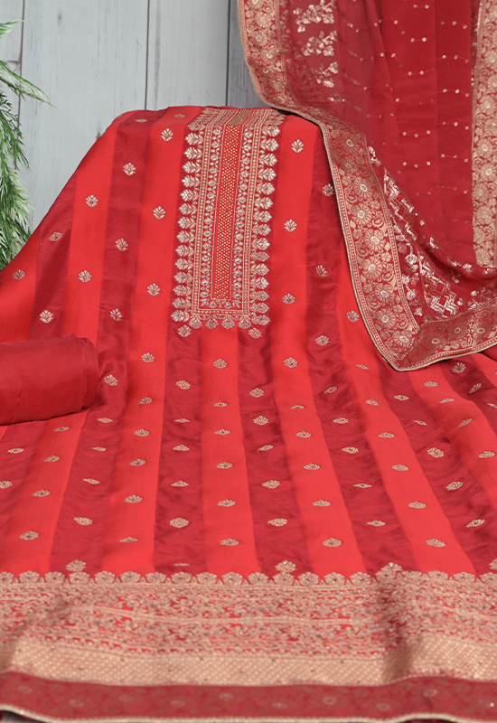 Sugnamal Amaanat Red Tissue Zari Weaved Suit Set (Unstitched)