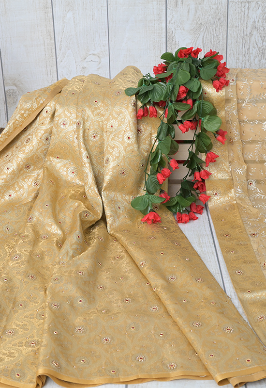 Sugnamal Amaanat Golden Pure Brocade Silk with Zari Work Suit Set (Unstitched)