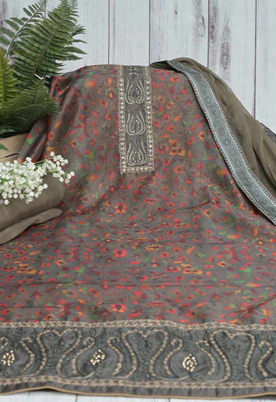 Sugnamal Amaanat Grey Chanderi Silk with Aari and Resham Work Suit Set (Unstitched)