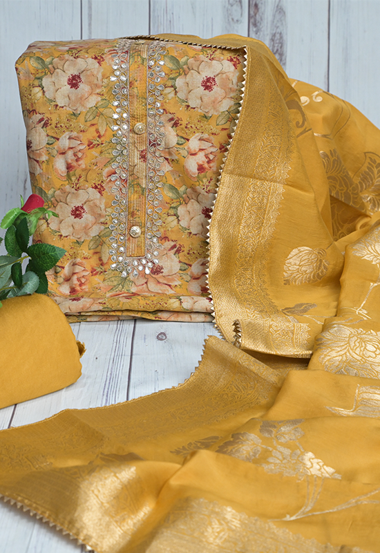 Sugnamal Amaanat Mustard Silk Digital Printed and Gotta Patti Worked Suit Set (Unstitched)