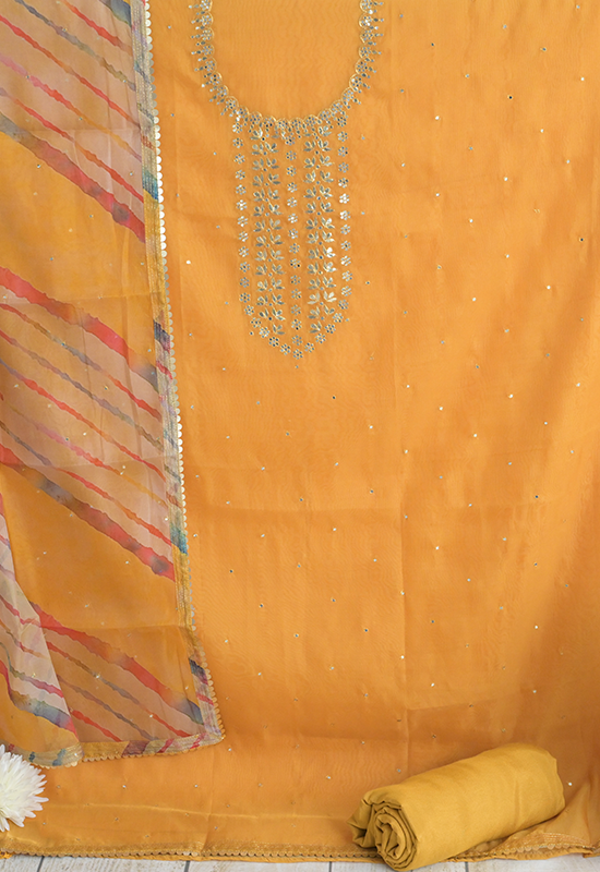 Sugnamal Amaanat Yellow Chanderi Silk Gotta Patti Detailed Suit Set (Unstitched)