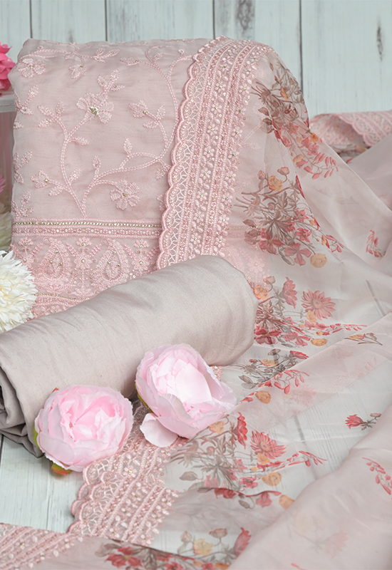 Sugnamal Amaanat: Baby Pink Organza Resham and Karachi Worked Suit Set (Unstitched)