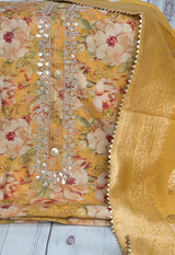 Sugnamal Amaanat Mustard Silk Digital Printed and Gotta Patti Worked Suit Set (Unstitched)