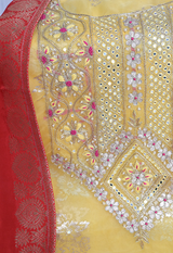 Sugnamal Amaanat Yellow Organza and Banarasi Gotta Patti and Thread Work Suit Set (Unstitched)