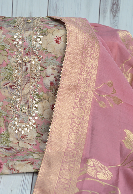 Sugnamal Amaanat Salmon Pink Silk Digital Printed and Gotta Patti Worked Suit Set (Unstitched)