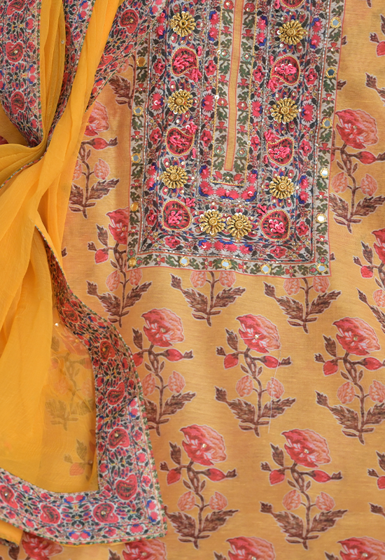 Sugnamal Amaanat Yellow Chanderi Silk Aari and Resham Embroidered Suit Set (Unstitched)