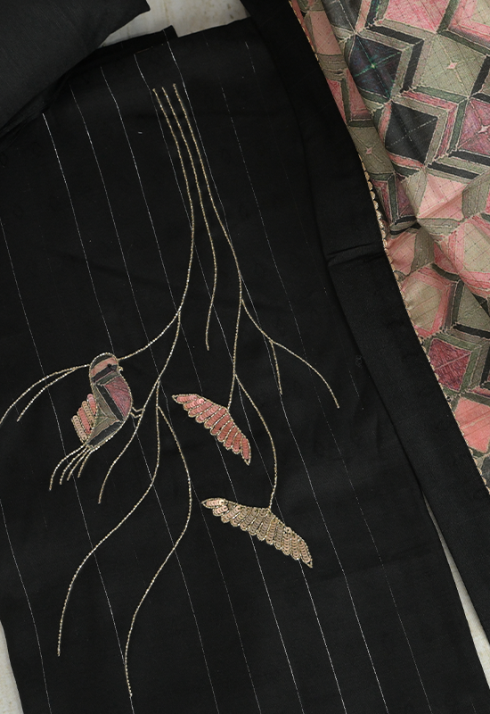 Sugnamal Amaanat Black Cotton Silk with Bird Motif work Suit Set (Unstitched)