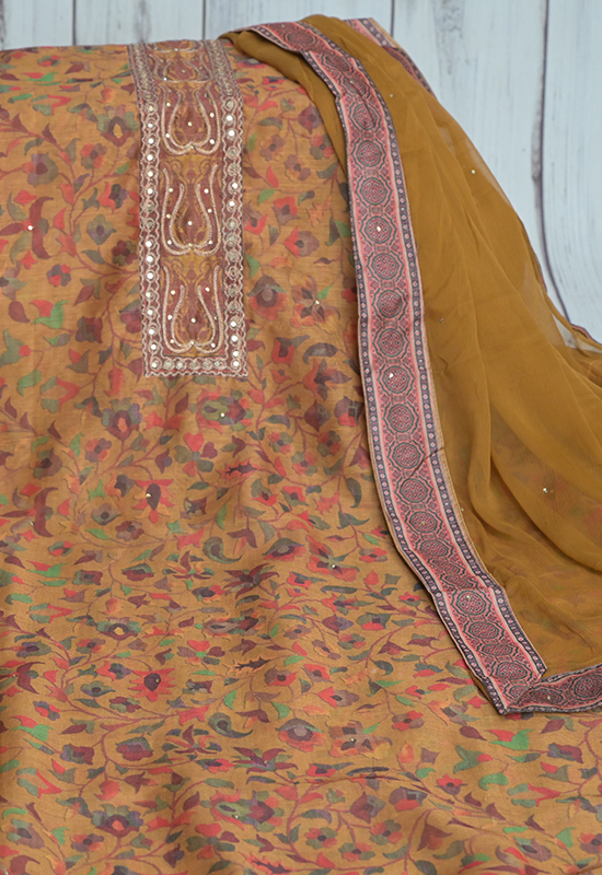 Sugnamal Amaanat Mustard Chanderi Silk with Aari and Resham Work Suit Set (Unstitched)