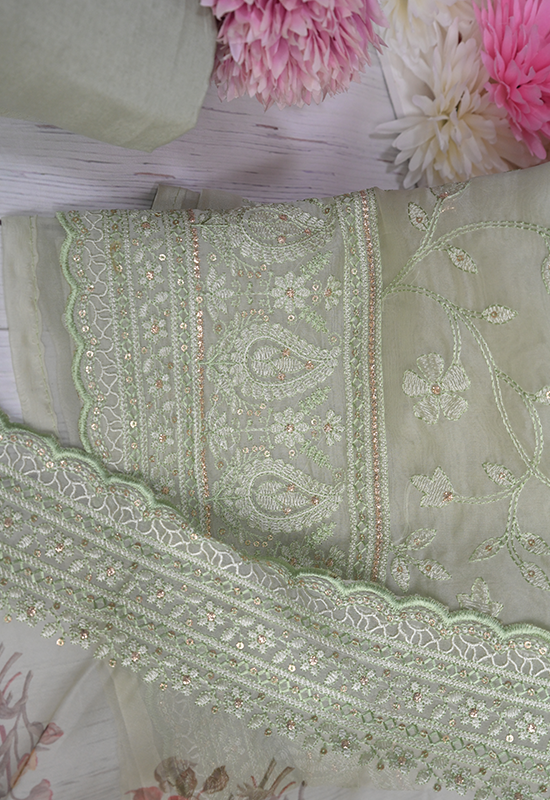 Sugnamal Amaanat Pastel Green Organza Resham and Karachi Worked Suit Set (Unstitched)