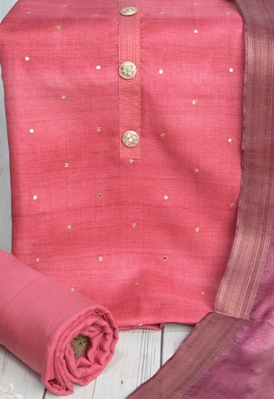 Sugnamal Amaanat Pink Matka Silk Mirror and Zari Work Suit Set (Unstitched)