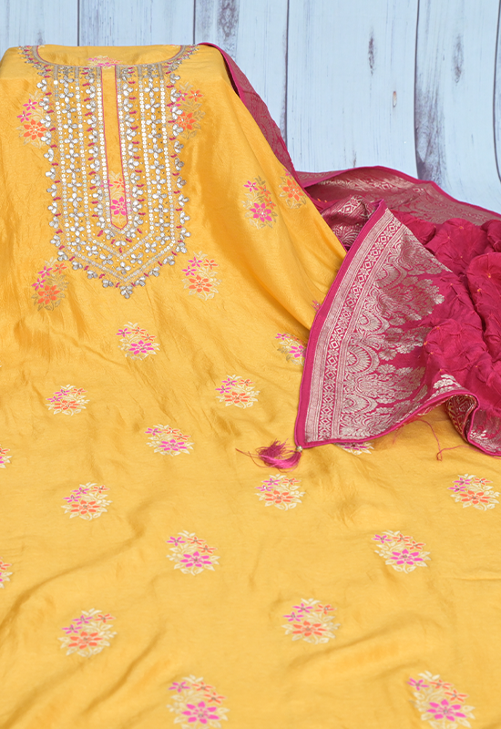 Sugnamal Amaanat Yellow Silk Gotta Patti and Floral Print Suit Set (Unstitched)