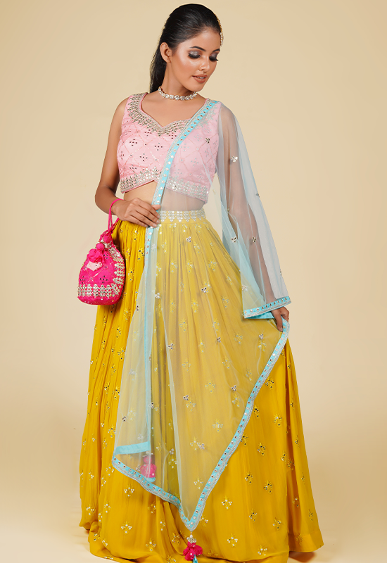 Sugnamal Mohana Pink &amp; Yellow Silk Lehenga Set
