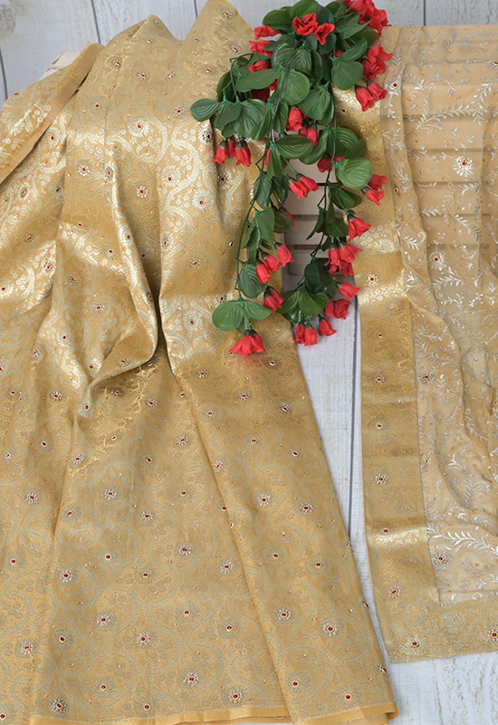 Sugnamal Amaanat Golden Pure Brocade Silk with Zari Work Suit Set (Unstitched)