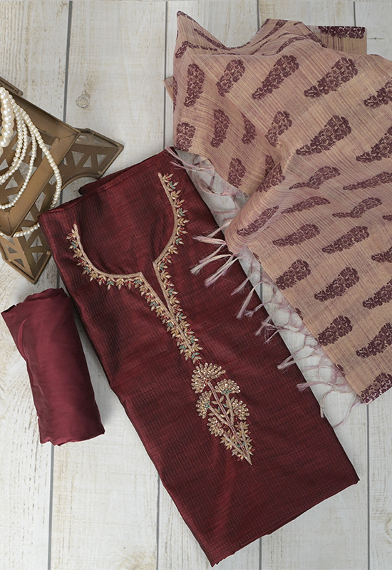 Sugnamal Amaanat Maroon Chanderi Silk with Zardozi Work Suit Set (Unstitched)