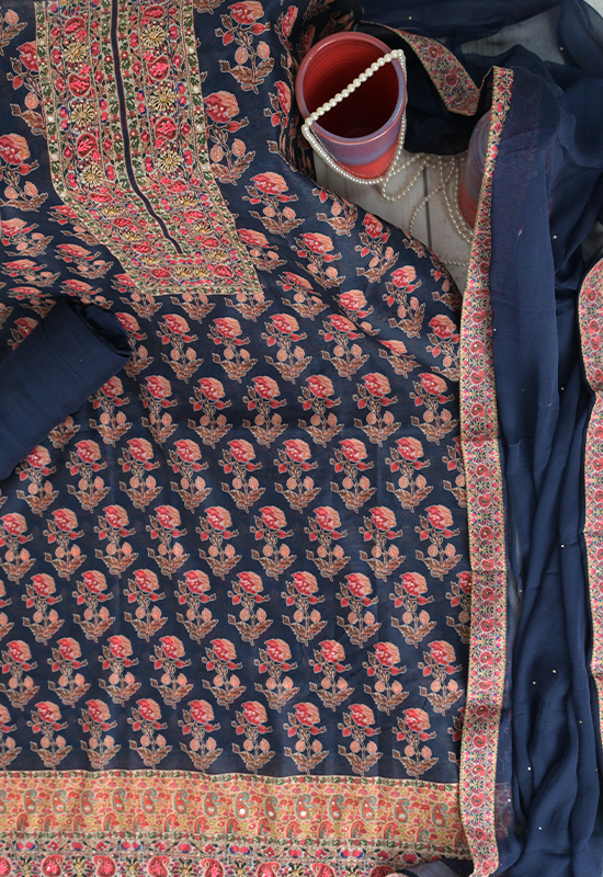Sugnamal Amaanat Navy Blue Chanderi Silk Aari and Resham Embroidered Suit Set (Unstitched)