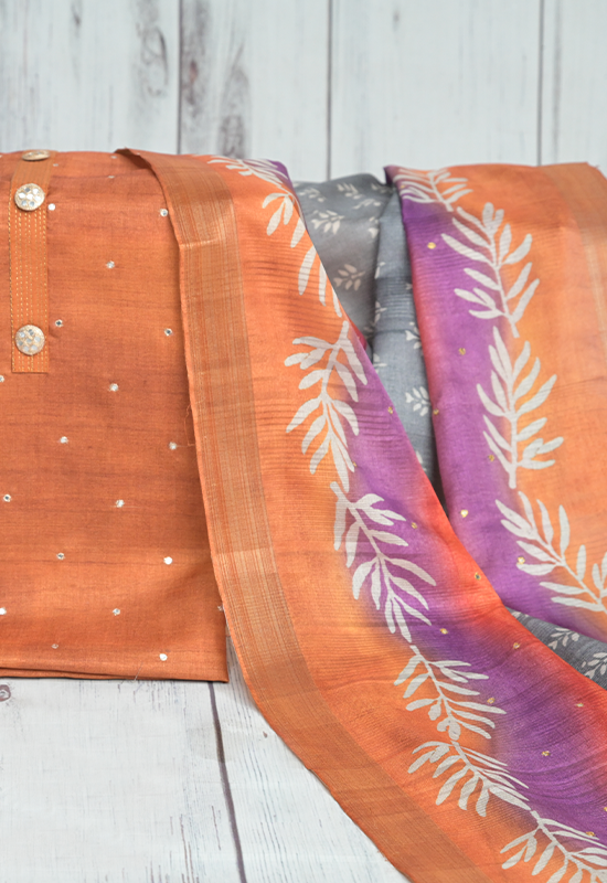 Sugnamal Amaanat Orange Matka Silk Mirror and Zari Work Suit Set (Unstitched)