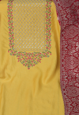 Sugnamal Amaanat Yellow Chanderi Silk Resham and Zari Embroidered Suit Set (Unstitched)
