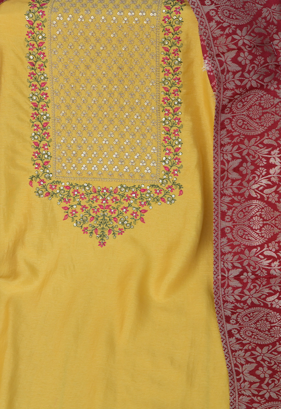 Sugnamal Amaanat Yellow Chanderi Silk Resham and Zari Embroidered Suit Set (Unstitched)