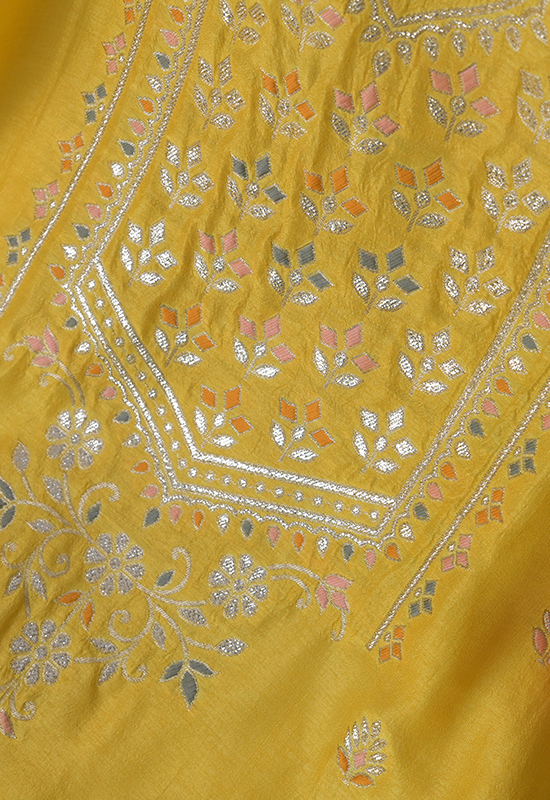 Sugnamal Amaanat Yellow Benarasi Silk Zari Embroidered Suit Set (Unstitched)