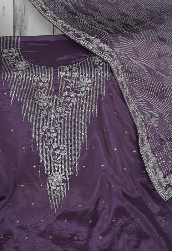 Sugnamal Amaanat Purple Crepe Sequence and Zardozi Embroidered Suit Set (Unstitched)