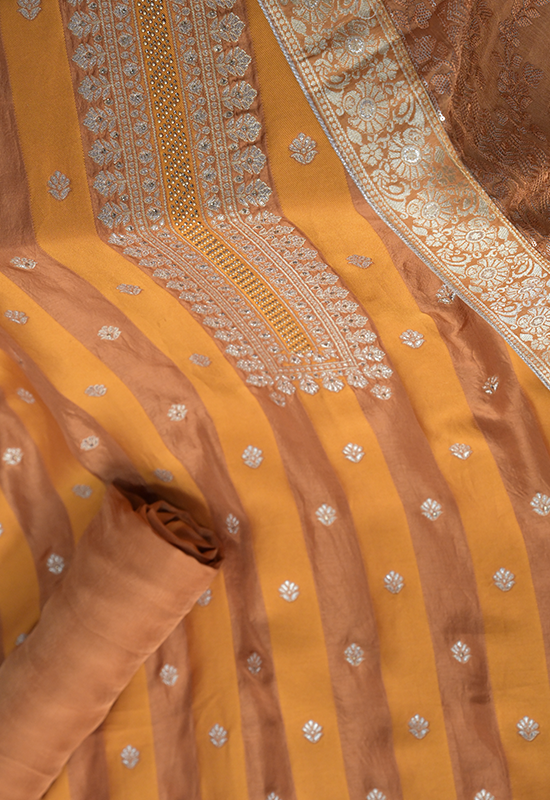 Sugnamal Amaanat Yellow Tissue Zari Weaved Suit Set (Unstitched)