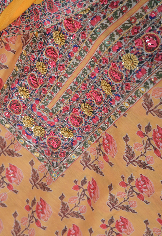 Sugnamal Amaanat Yellow Chanderi Silk Aari and Resham Embroidered Suit Set (Unstitched)