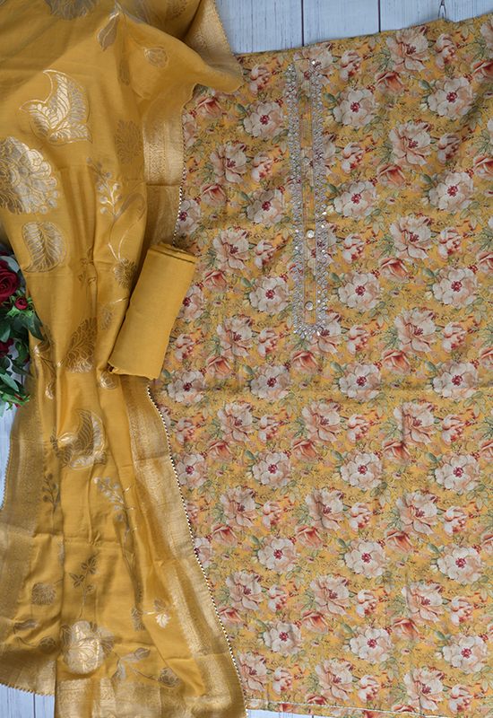 Sugnamal Amaanat Mustard Silk Digital Printed and Gotta Patti Worked Suit Set (Unstitched)
