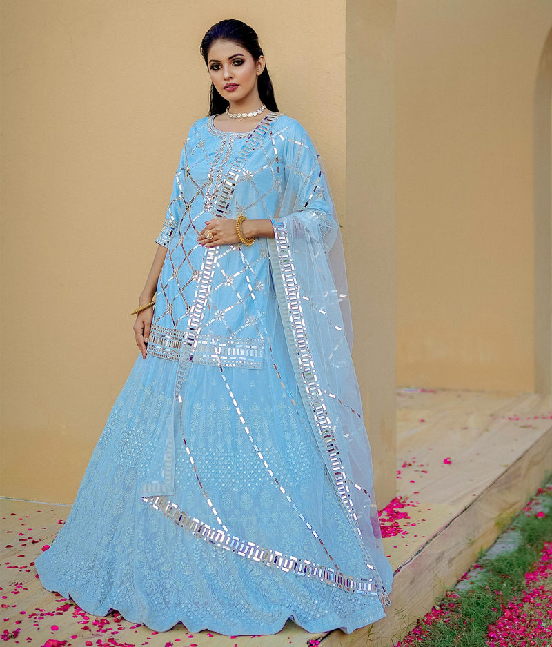 Sugnamal Libas Light Blue Silk and Georgette Chikankar Sharara Set