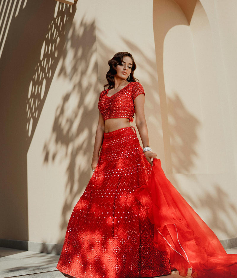 Sugnamal Mohana Red Tulle Lehenga Set