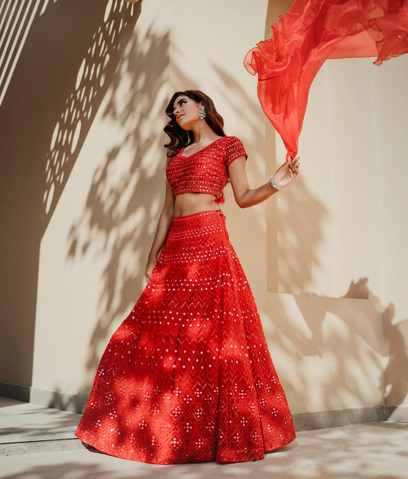 Sugnamal Mohana Red Tulle Lehenga Set