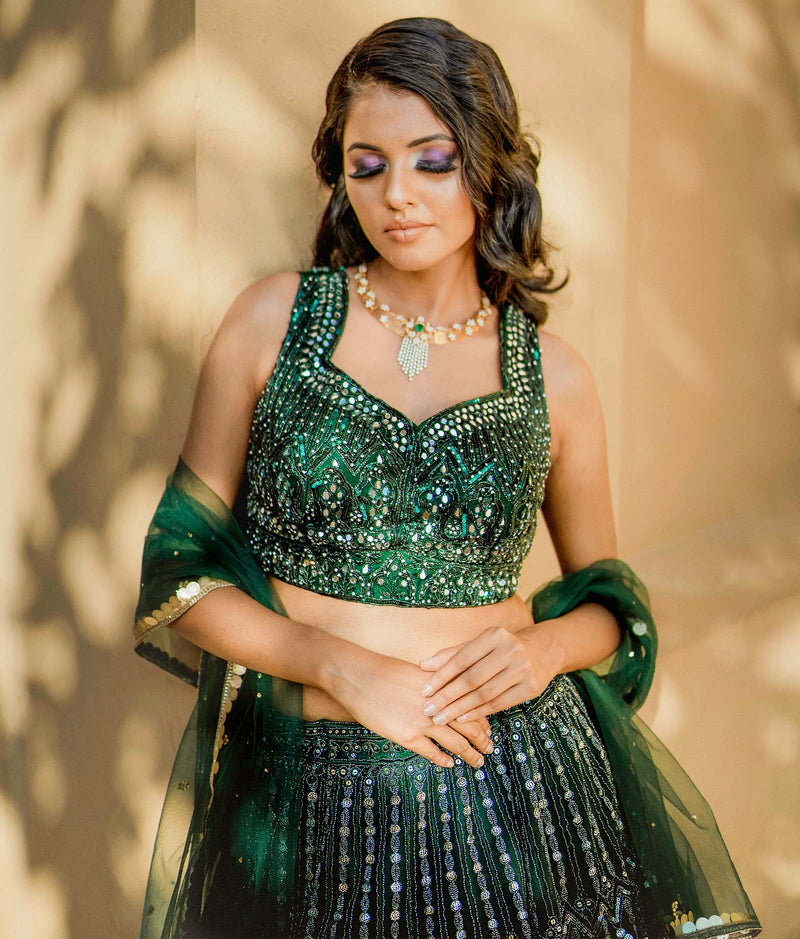 Sugnamal Mohana Bottle Green Tulle Lehenga Set