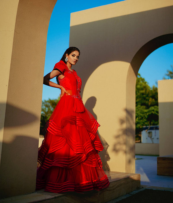 Sugnamal Gala Cherry Red Tulle Hand Embroidered Gown
