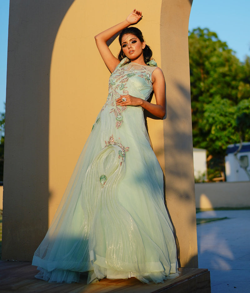 Sugnamal Gala Sea Green Tulle Structured Shoulder Gown
