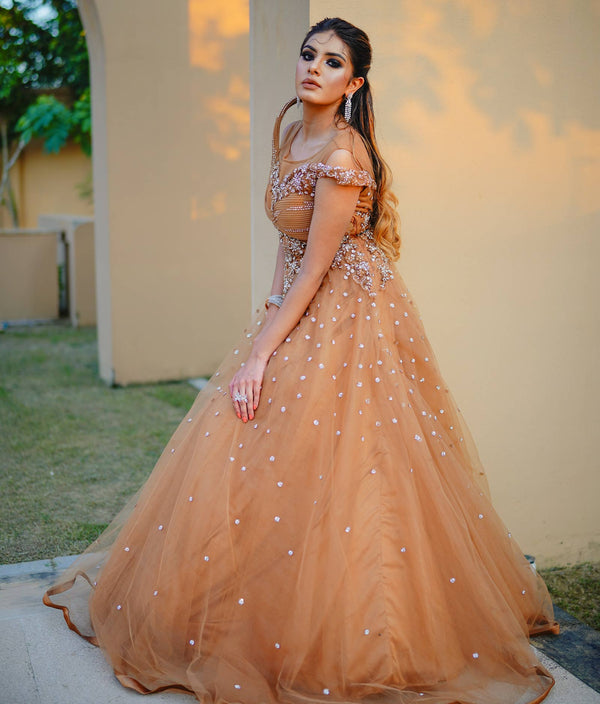 Sugnamal Gala Gold Tulle Structured Shoulder Gown