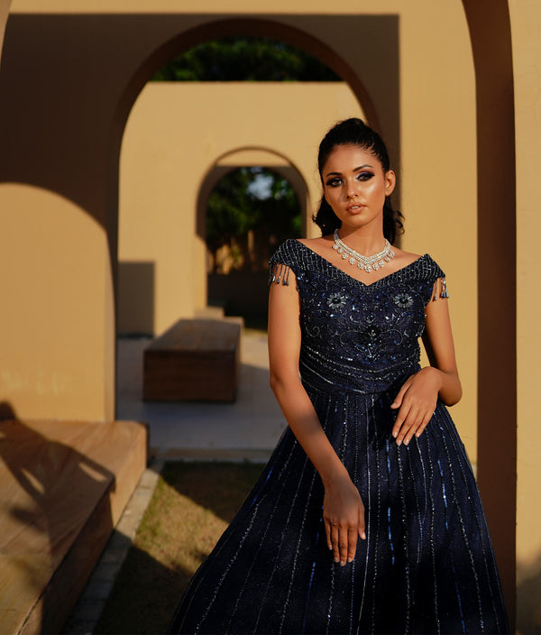 Sugnamal Gala Navy Blue Tulle Cutdana Embroidered Gown