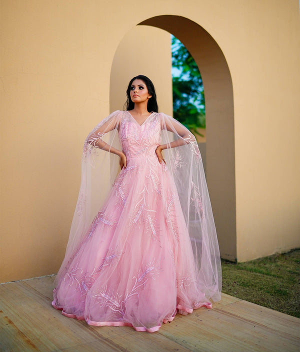 Sugnamal Gala Light Pink Tulle Zardozi Embroidered Gown