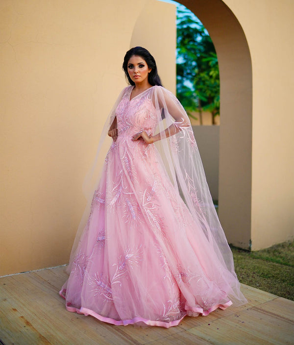 Sugnamal Gala Light Pink Tulle Zardozi Embroidered Gown