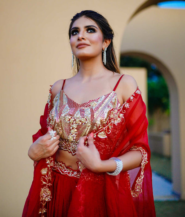 Sugnamal Mohana Crimson Red Silk Lehenga Set with Cape