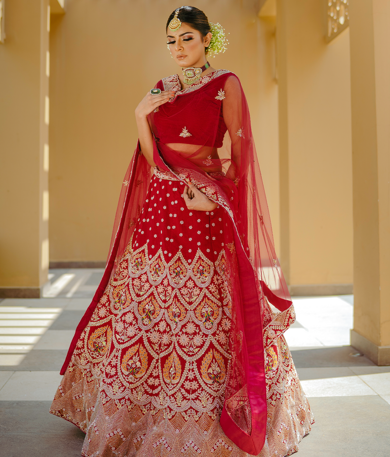 Sugnamal  Doli Crimson Raw Silk Resham Embroidered Bridal Wear