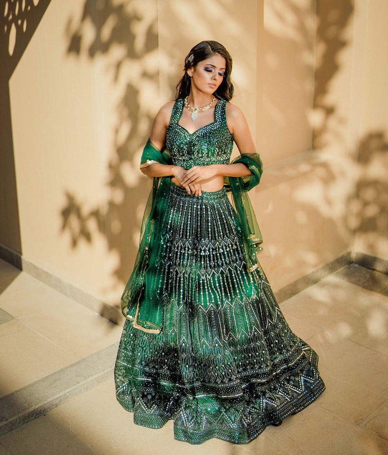 Sugnamal Mohana Bottle Green Tulle Lehenga Set